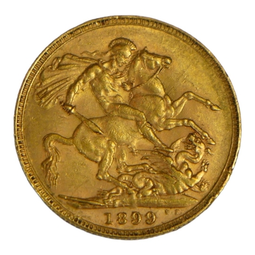 16 - A VICTORIAN 22CT GOLD SOVEREIGN COIN, DATED 1899 
With Queen Victorian widow bust and George and Dra... 