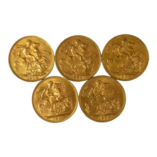 24 - A COLLECTION OF FIVE EDWARDIAN 22CT GOLD SOVEREIGN COINS, DATED 1906, 1907, 1908, 1909 AND 1910 
Wit... 