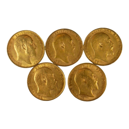 24 - A COLLECTION OF FIVE EDWARDIAN 22CT GOLD SOVEREIGN COINS, DATED 1906, 1907, 1908, 1909 AND 1910 
Wit... 