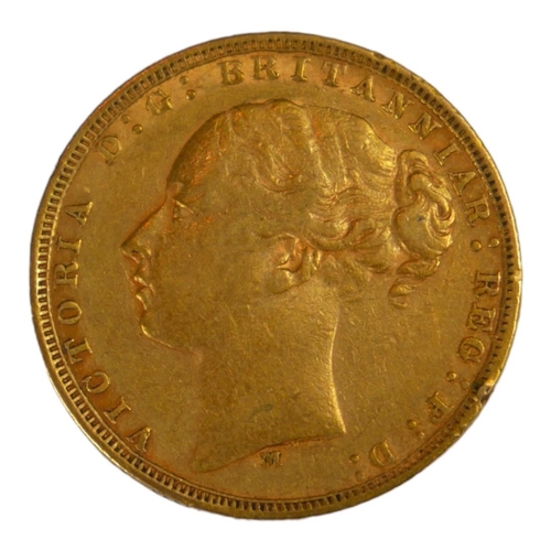 3 - A VICTORIAN 22CT GOLD SOVEREIGN COIN, DATED 1879 
With Young Queen Victorian bust and George and Dra... 