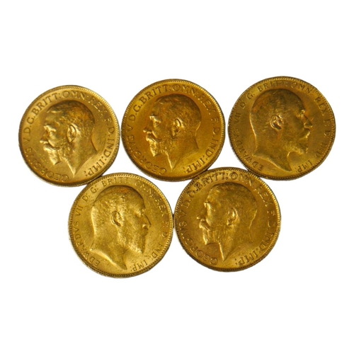 32 - A COLLECTION OF FIVE EARLY 20TH CENTURY 22CT GOLD SOVEREIGN COINS
Consecutive run, dated 1909, 1910,... 