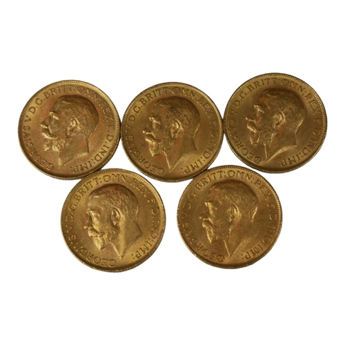 50 - A COLLECTION OF FIVE EARLY 20TH CENTURY 22ct GOLD SOVEREIGN COINS, DATED 1913 With King George V bus... 