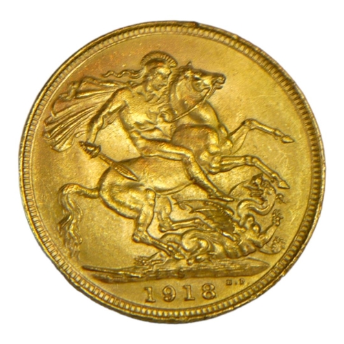 52 - A WW1 22CT GOLD SOVEREIGN COIN, DATED 1918 
With King George V bust and George and Dragon to reverse... 