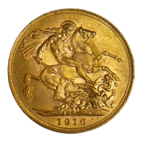 53 - A WWI 22CT GOLD SOVEREIGN COIN, DATED 1916 
With King George V bust and George and Dragon to reverse... 