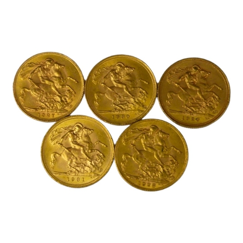 59 - A COLLECTION OF FIVE EARLY 20TH CENTURY 22CT GOLD SOVEREIGN COINS
Consecutive run dated 1927, 1928, ... 