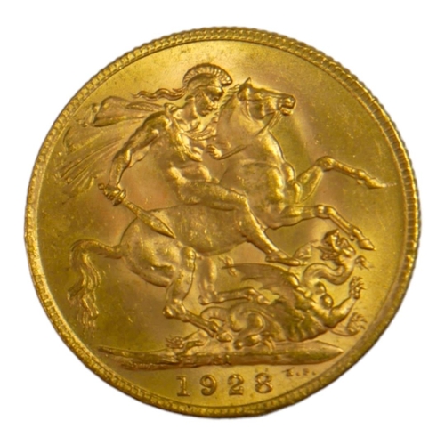 63 - AN EARLY 20TH CENTURY 22CT GOLD SOVEREIGN COIN, DATED 1928 
With King George V bust and George and D... 