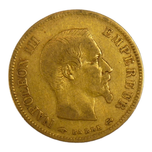 68 - A 19TH CENTURY FRENCH 22CT GOLD TEN FRANC COIN, DATED 1855 
With Napoleon III bust and laurel wreath... 