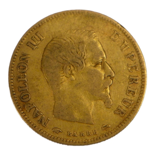 70 - A 19TH CENTURY FRENCH 22CT GOLD TEN FRANC COIN, DATED 1856 
With Napoleon III bust and laurel wreath... 