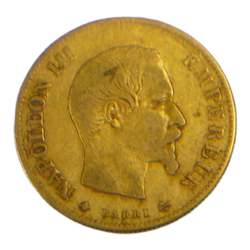 73 - A 19TH CENTURY FRENCH 22CT GOLD TEN FRANC COIN, DATED 1859 
With Napoleon III bust and laurel wreath... 