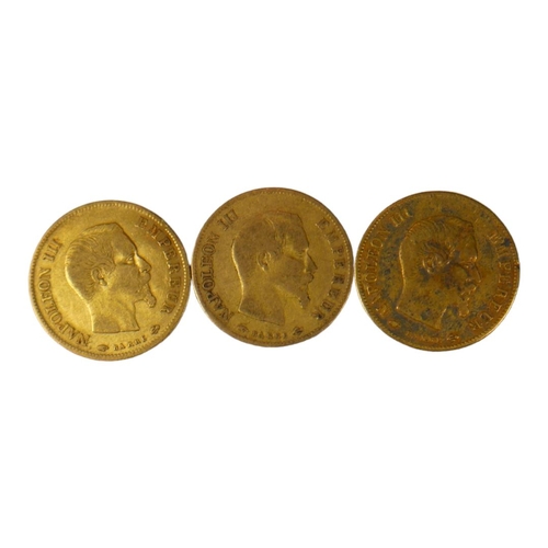 74 - A COLLECTION OF THREE 19TH CENTURY FRENCH 22CT GOLD TEN FRANC COINS, DATED 1859, 1858 AND 1856 
With... 