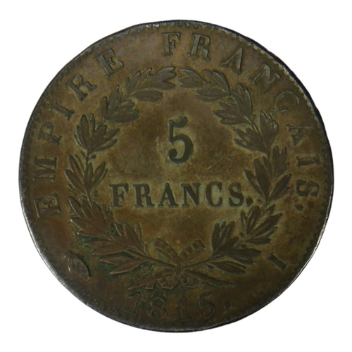 76 - AN EARLY 19TH CENTURY FRENCH SILVER FIVE FRANC COIN, DATED 1815 
With Emperor Napoleon bust and laur... 