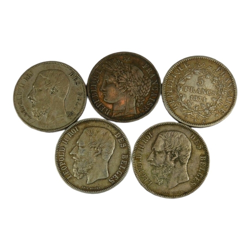 77 - A COLLECTION OF FIVE 19TH CENTURY FRENCH SILVER FIVE FRANC COINS
Three with Leopold II bust dated 18... 