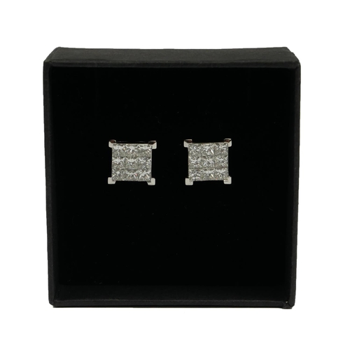 81B - AN 18CT WHITE GOLD, NINE STONE PRINCESS CUT INVISIBLE SET SQUARE STUD EARRINGS, boxed.
(Diamonds 2.0... 