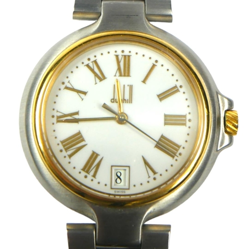 84 - DUNHILL, A STAINLESS STEEL LADIES’ WRISTWATCH
The circular white dial with gilt number markings, gol... 