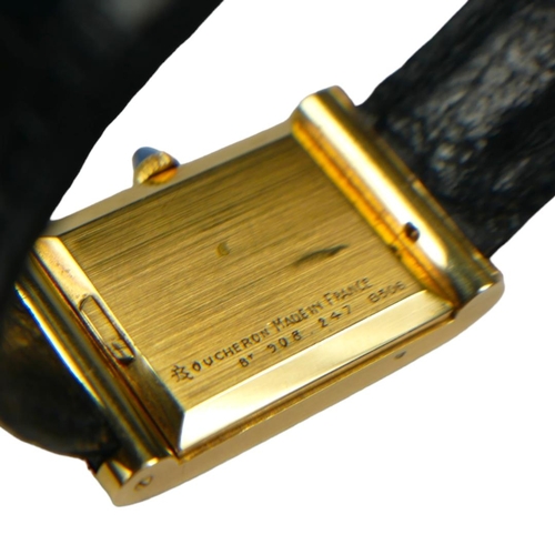 85 - BOUCHERON, A VINTAGE 18CT GOLD DRESS WATCH
The rectangular with horizontal lines to case, textured d... 