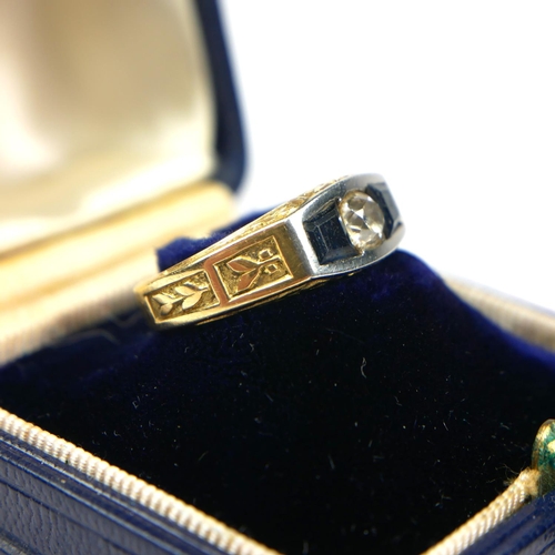 88 - A VINTAGE YELLOW METAL DIAMOND AND SAPPHIRE GENT’S SIGNET RING
The single round cut diamond flanked ... 