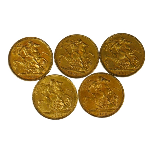 9 - A COLLECTION OF FIVE 22CT GOLD SOVEREIGN COINS
Consecutive years dated 1889, 1890, 1891, 1892 and 18... 