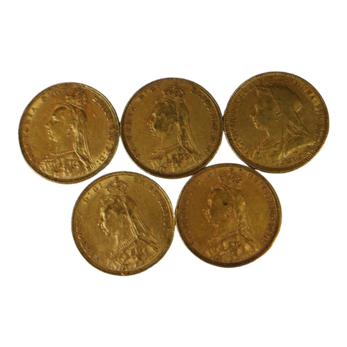 9 - A COLLECTION OF FIVE 22CT GOLD SOVEREIGN COINS
Consecutive years dated 1889, 1890, 1891, 1892 and 18... 