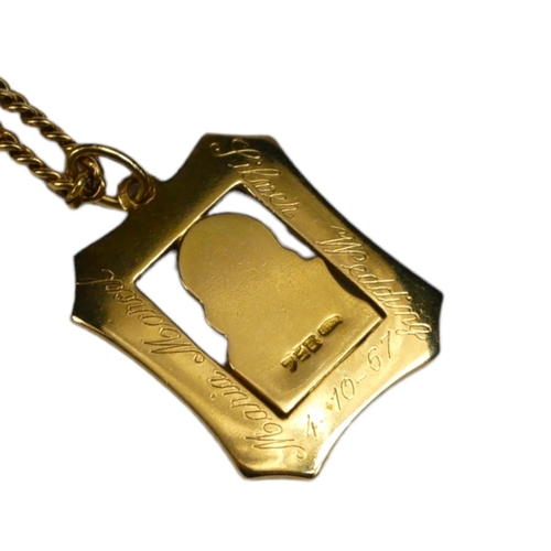 95 - A VINTAGE 18CT GOLD PENDANT NECKLACE
The fine link chain having a rectangular pendant, with pierced ... 