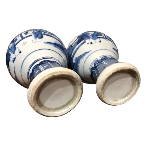 131 - A PAIR OF CHINESE MEIPING BLUE AND WHITE VASES 
Decorated with a partial interior scene showing figu... 