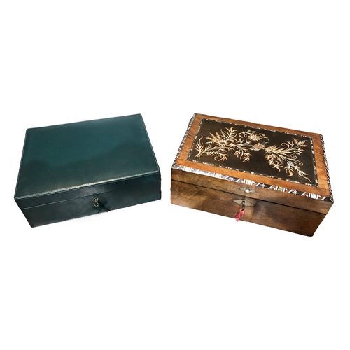 180 - A LATE 19TH/EARLY 20TH CENTURY MOTHER-OF-PEARL INLAID WRITING SLOPE, TOGETHER WITH A GREEN LEATHER J... 