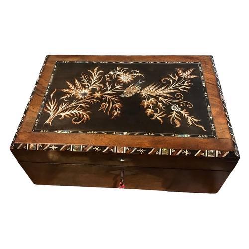 180 - A LATE 19TH/EARLY 20TH CENTURY MOTHER-OF-PEARL INLAID WRITING SLOPE, TOGETHER WITH A GREEN LEATHER J... 