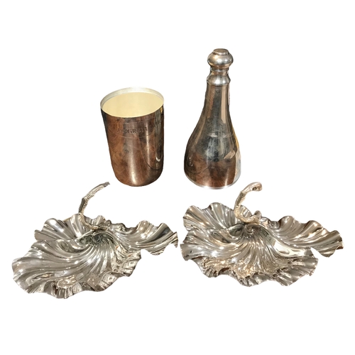 94b - WILLIAM HUTTON & SONS, A PAIR OF SILVER PLATED SHELL AND CORAL DESIGN HORS D’OEUVRES DISHES
Together... 