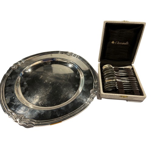 91c - CHRISTOFLE COLL GALLIA, A SILVER PLATED CIRCULAR TRAY TOGETHER WITH A CASED SET OF SILVER PLATED CHR... 