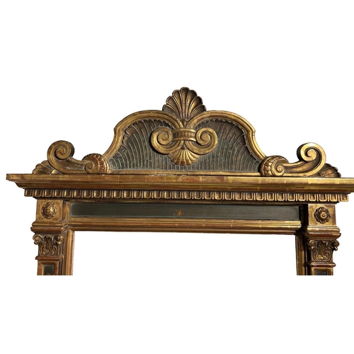 224 - A LARGE & IMPRESSIVE DECORATIVE ITALIAN RENAISSANCE DESIGN PAINTED AND CARVED GILTWOOD FRAME.
H150cm... 