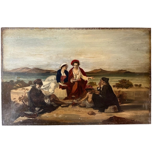 301 - A 19TH CENTURY OIL ON PANEL, RIVER LANDSCAPE, GYPSIES AT A CAMP. 
(30.5cm x 47.5cm)