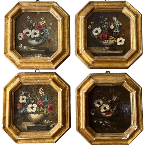 304 - A SET OF FOUR LATE 19TH/EARLY 20TH CENTURY CONTINENTAL OIL ON CANVAS, STILL LIFE, FLOWERS 
Held in g... 