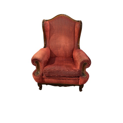 242 - A PAIR OF FRENCH LOUIS XVI DESIGN CARVED WOOD AND UPHOLSTERED WINGBACK ARMCHAIRS
Raised on cabriole ... 