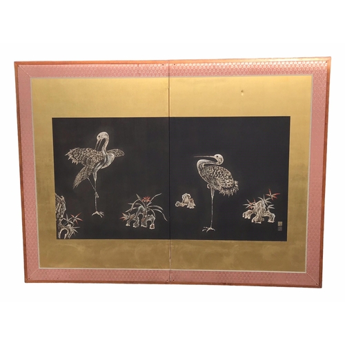 307 - DAIHIKO KIMONO STUDIO, A MID 20TH CENTURY JAPANESE TWO FOLD SCREEN, DESIGNED BY SHINZO NOGUCHI GIFTE... 