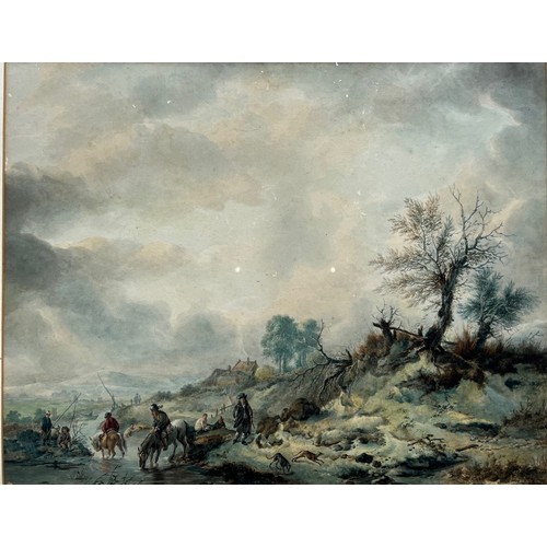 271 - FOLLOWER OF PHILIPS WOUWERMAN, 1619 - 1668, A LARGE 18TH/19TH CENTURY WATERCOLOUR
River landscape wi... 