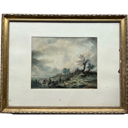 271 - FOLLOWER OF PHILIPS WOUWERMAN, 1619 - 1668, A LARGE 18TH/19TH CENTURY WATERCOLOUR
River landscape wi... 