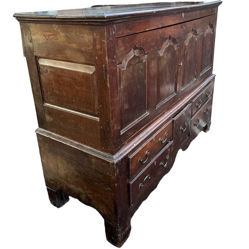 247 - A LARGE 18TH CENTURY OAK MULE CHEST
With panel doors above drawers (now converted).
H111 x W146 x D5... 