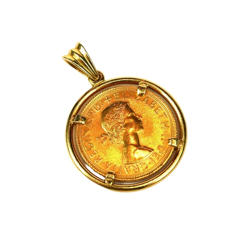 1 - A 22CT GOLD FULL SOVEREIGN MINTED, 1958, IN AN 18CT GOLD PENDANT MOUNT.
(h 36mm x diameter 27mm, 12.... 