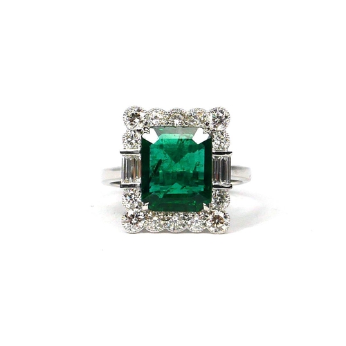 10 - AN 18CT WHITE GOLD, RECTANGULAR EMERALD & DIAMOND RING  with WGI certificate. (Emerald 3.58ct.  Diam... 
