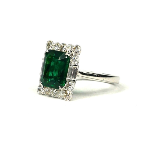 10 - AN 18CT WHITE GOLD, RECTANGULAR EMERALD & DIAMOND RING  with WGI certificate. (Emerald 3.58ct.  Diam... 