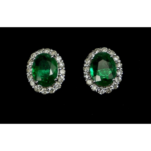 26 - A PAIR 18CT WHITE GOLD OVAL EMERALD AND DIAMOND CLUSTER STUDS with WGI Certificate. (Emeralds 3.20ct... 