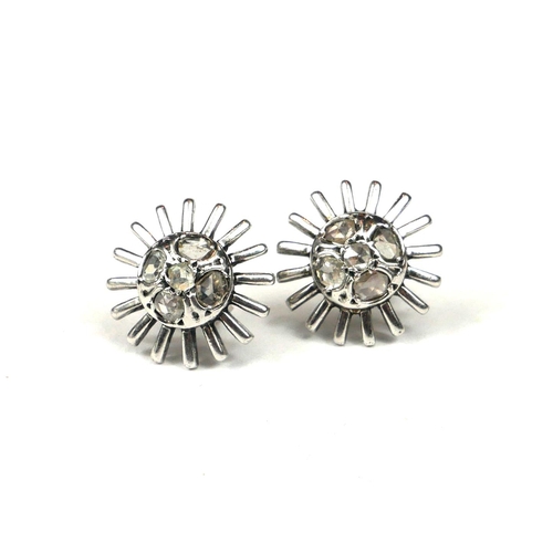 43 - A PAIR OF MID CENTURY WHITE METAL AND DIAMOND EARRINGS.
(tested for 14ct, diameter 15mm, 4.6g)