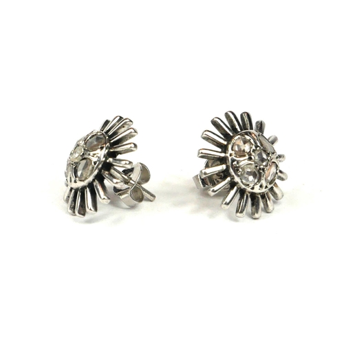 43 - A PAIR OF MID CENTURY WHITE METAL AND DIAMOND EARRINGS.
(tested for 14ct, diameter 15mm, 4.6g)