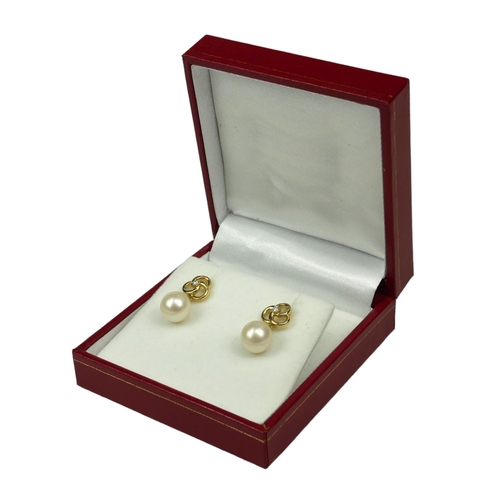 4A - A PAIR 9CT YELLOW GOLD ROUND FRESHWATER PEARL AND DIAMOND DROP EARRINGS.  (Approx Diamonds 0.05ct)