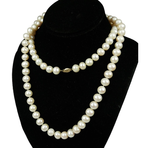 57 - TWO PEARL NECKLACES, ONE WITH 18CT GOLD CLASP.
