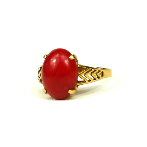 69 - AN ORIENTAL 18CT GOLD AND RED JADE RING
Having a stylised pierced shank,
(UK size O, 3g)