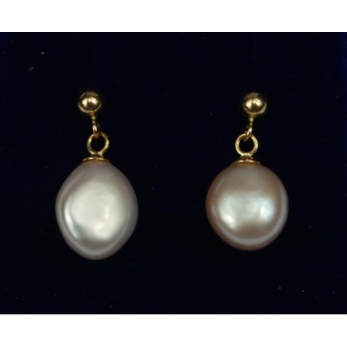 7A - PAIR OF 9CT YELLOW GOLD EARRINGS with suspended pinkish naturally shaped freshwater cultured pearls.