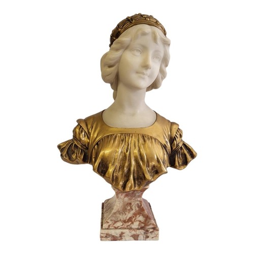 93 - A. CALENDI, ITALIAN 19TH/20TH CENTURY GILDED BRONZE AND CARRARA MARBLE BUST
Titled ‘Jeune Fille au B... 