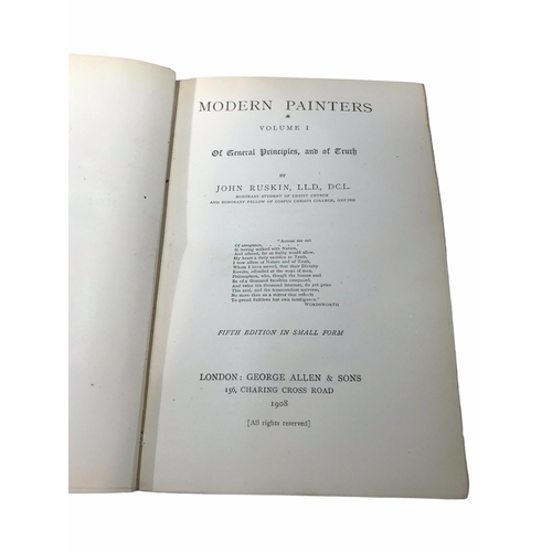 127 - JOHN RUSKIN, THE STONES OF VENICE, VOLUMES 1-3, MODERN PAINTERS, VOLUMES 1-6, FIFTH EDITION 1907 AND... 