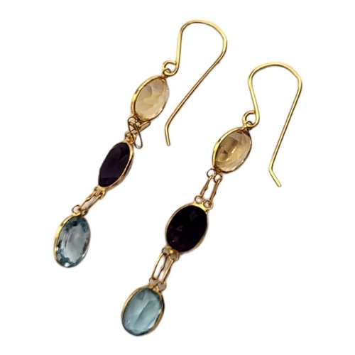 35A - A PAIR OF YELLOW METAL, AMETHYST, CITRINE AND BLUE TOPAZ DROP EARRINGS
Oval cut stones in with backs... 