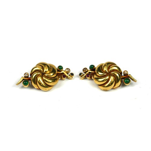 11A - CARTIER, EARLY 20TH CENTURY FRENCH 18CT YELLOW GOLD, DIAMOND, EMERALD, RUBY AND SAPPHIRE CLIP ON EAR... 